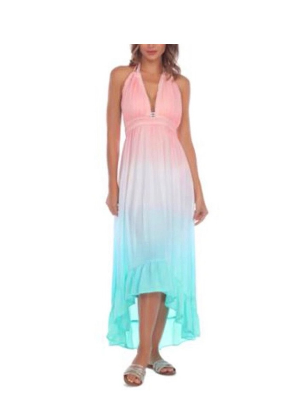 NWT Raviya Swim Cover Up Dress Hi Low Maxi Halter V Neck Ombre Pink Green M